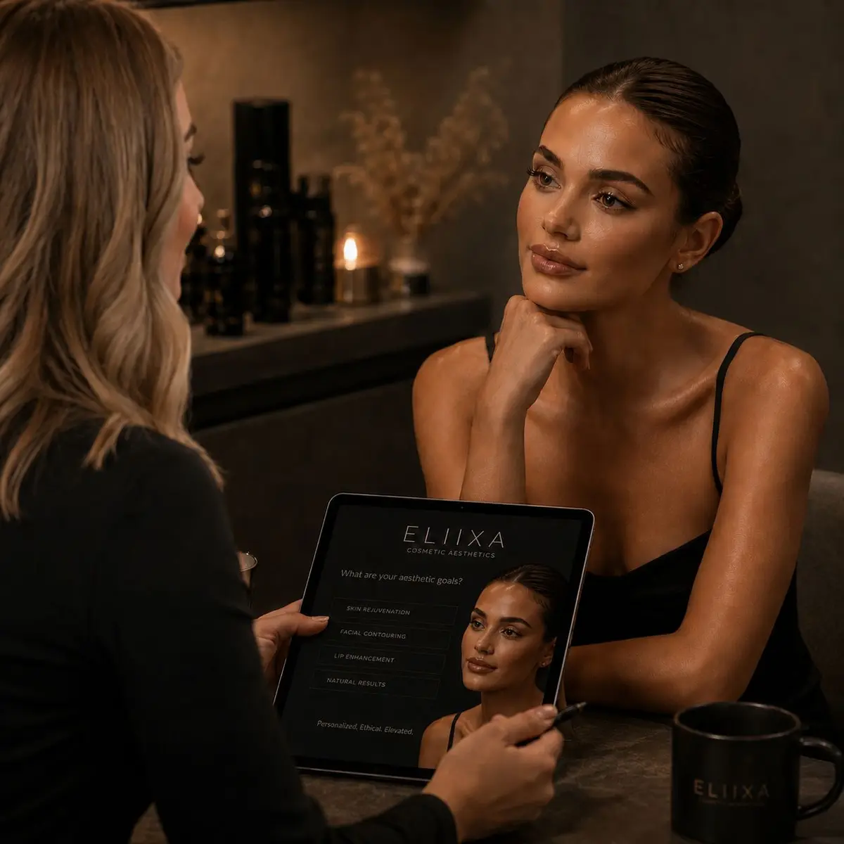 A nurse consulting a client on cosmetic aesthetic treatment options at ELIIXA